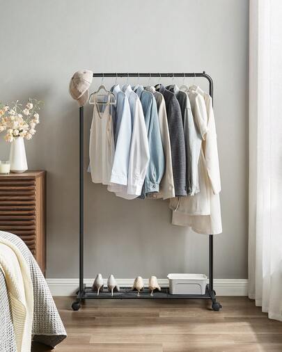 SONGMICS Clothes Rack With Wheels, 35.8 Inch Garment Rack, Clothing Rack For Hanging Clothes, With Dense Mesh Storage Shelf, 110 Lb Load Capacity, 2 Brakes, Steel Frame, Black