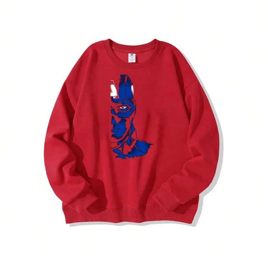 Captain-AmericaS Pullover Sweatshirts Unisex Long Sleeve O-Neck Casual Top Sweatshirt Men & Women Graphic Sweatshirts Printed Funny Sweatshirts Spring Autumn And Winter Streetwear Clothes For Male & Female - 紅色 - 查看 1