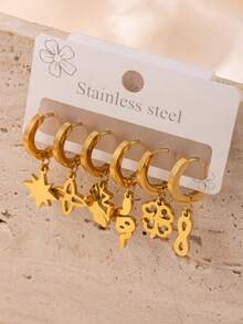 Set de 6 piezas de aretes con diseños minimalistas de estrella, trébol e infinito, adecuado para uso diario o fiestas de chicas adolescentes