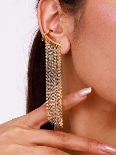 1pc Fashionable Elegant Long Tassel Stainless Steel Ear Cuff Earrings, 18K Gold Plated, Suitable For All Occasions, Party, Daily Commute, Gift Choice