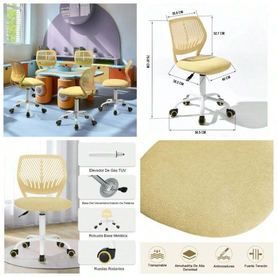 Silla Escritura para Adolescentes, Silla Estudio sin Brazos para Nios con Altura Ajustable, Silla Giratoria Ergonmica para Nios con Ruedas, Asiento Tapizado Tela, Beige - Amarillo - Ver 1