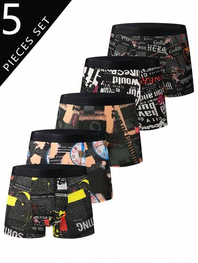 5pcs/Pack Men's Comfortable Mid-Rise Fashionable Underwear, Versatile Men's Boxer Briefs