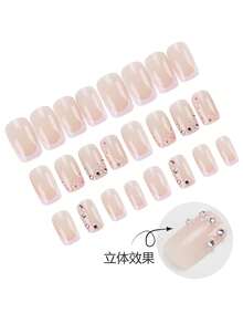 24pcs Nail Stickers With Diamond Decor, Short Square/French Floral Print Design, Includes 1 Gel Polish And 1 Nail File, Suitable For Daily Work, Study, Parties In Autumn/Winter, Applicable For Various Occasions