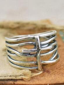 1 Stück Vintage silberfarbener Boho-Stil Kreuzring für Frauen, großer horizontaler Streifenring für den täglichen Gebrauch