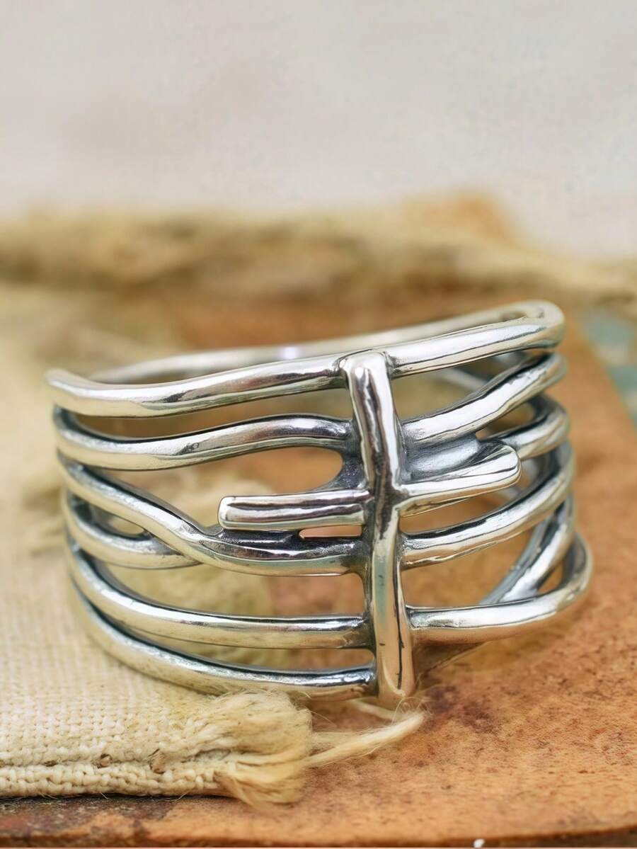 1 Stück Vintage silberfarbener Boho-Stil Kreuzring für Frauen, großer horizontaler Streifenring für den täglichen Gebrauch