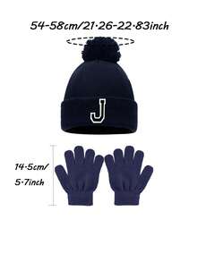 儿童冬季针织帽手套三件套，适合男婴和女婴，A-Z字母针织帽带绒球，儿童保暖手套，适合4-8岁儿童日常保暖穿着 - 藏蓝色 - 查看 10