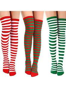 1 Pair Over-The-Knee Striped Christmas Socks, Women Holiday Cosplay Knee High Socks For Christmas, Halloween - Multicolor - View 1