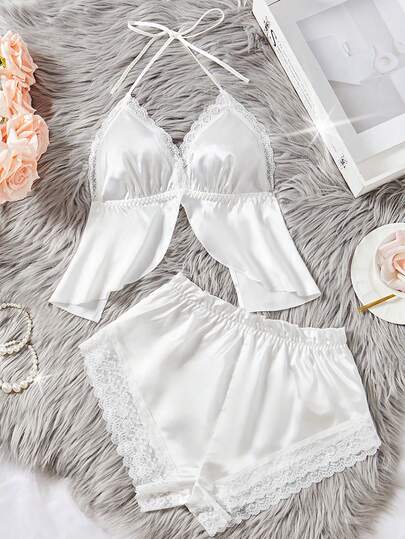 Christmas Gift Erotic Lingerie Lace Trim Satin Sexy Lingerie Set - Halter Neck Slit Camisole Bra & Stretchy Shorts - Women's Erotic Underwear Comfortable Home Sleepwear Valentine's Day Gift