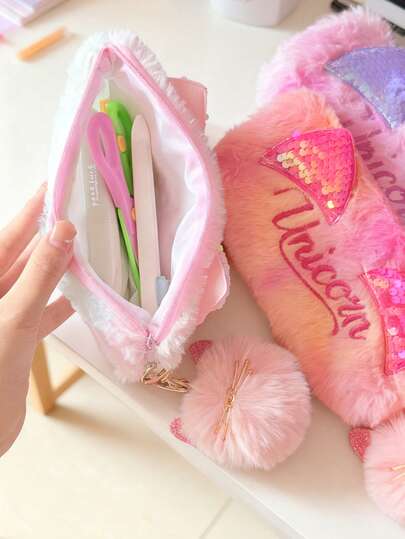 1pc Sequins Plush Cat Pencil Case, Including Plush Pencil Case And Plush Pendant, (Detachable Pendant) Back To School Supplies Pencil Case Aesthetics, Used For Girls To Organize School Supplies, Study Supplies, School Essentials, Shiny Makeup Bag, Backpack, Gifts For Friends, Kawaii