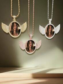 Personalized Rhinestone Rivet Angel Wings Photo Necklace | Customized Photo Necklace | Hip Hop Photo Pendant | Iced Customized Round Photo Pendant, Gold, Silver, Fashion, Colorful, Retro, Unisex, Simple, Casual, Customized, Personalized, Unique, Ideal Gift For Him, Ideal Gift For Her, Her, Boyfriend, Girlfriend, Dad, Mom, Family, Friends, Anniversary, Birthday, Graduation, Prom, Party, Jewelry
