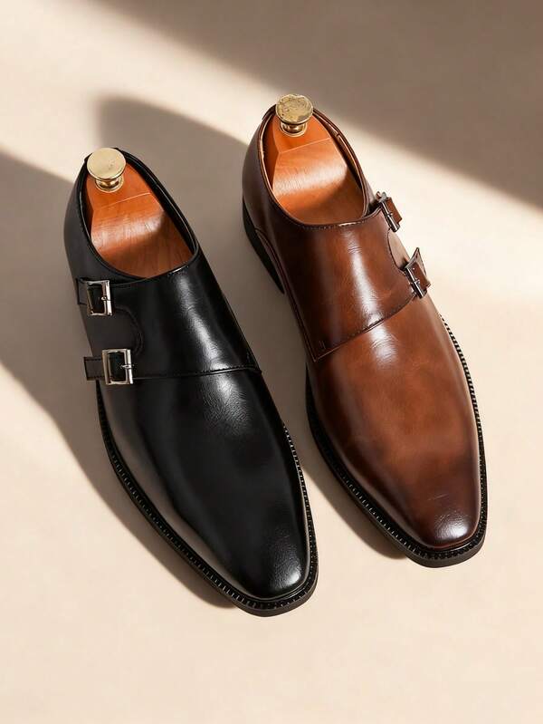 Classic Retro Men's Monk Strap Leather Dress Shoes, Pointed Toe Double Buckle Slip-On Loafers, Gentleman Formal Shoes Suitable For Middle-Aged, Young, Students Back To School, Graduation Ceremony, Office, Party, Wedding, Bridegroom, Spring/Summer/Autumn, Plus Size Formal/Business Formal