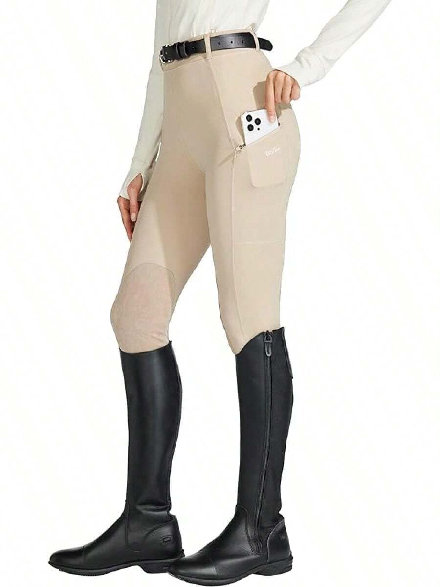 Willit Women's Horse Riding Pants Knee-Patch Equestrian Breeches Horseback Schooling Tights Zipper Pockets - 淺卡其色 - 查看 1