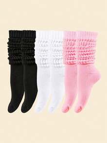 3双装纯色堆堆袜，儿童过膝长筒袜，透气堆堆袜，适合幼儿女童，儿童过膝袜，柔软保暖秋冬叠层长筒袜，感恩节圣诞节礼物，儿童圣诞袜填充物 - 彩色 - 查看 2