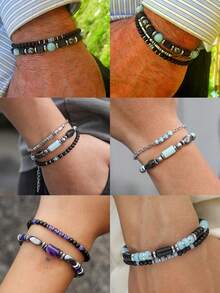 2/3pcs Teens' Fashionable Elastic Cube & Volcanic Stone Beaded Bracelet Set, Suitable For Friend Gifts, Punk Style Multi-Layer Stacking Creative Bracelet, Matching Father-Son Outfits For Travel Or Vacation - Multicolor - View 4