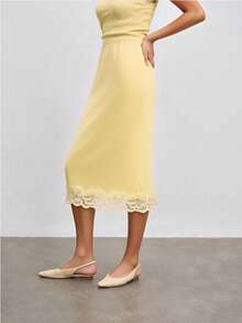 Women Y2k Half Slip Long Skirts Lace Trim Satin Midi Underskirt A Line Flowy Silky Maxi Skirt For Under Dress Streetwear - Màu vàng - Xem 3