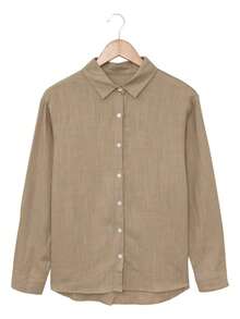 Women's Cotton Linen Blouse Long Sleeves Plus Size - Brown - View 7