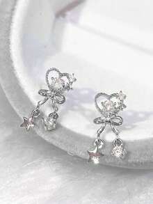 1pc Love Tassel Titanium Steel Ear Studs, Sparkling Diamond Spiral Ear Studs, Anti Allergy, Sweet And Cool, Niche Design Earrings,Ladies' Daily Party Accessories, Fashionable Jewelry, Best Friend Gifts - Silver - View 2