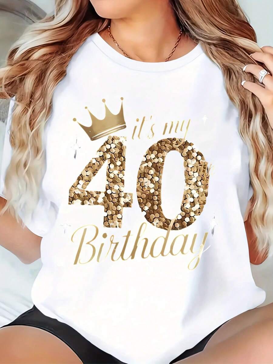 Women's White T-Shirt With Gold Sequin It's My 40th Birthday Crown Print - Perfect For 40th Birthday Celebration, Party Wear, Gift For Women,220g - trắng - Xem 1