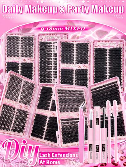 Conjunto de cílios postiços independentes de grande capacidade, 640/576/560 peças, formato olho de gato, 10-18 mm, cílios individuais emparelhados, esquerdo e direito, aparência ultra grossa e natural, finos e leves, conjunto de extensão de cílios faça você mesmo super macio e super leve, inclui cola para cílios + pinça + pincel para cílios, adequado para iniciantes usarem em casa, uso diário, como conjunto de presente, viagens, uso em festivais de música