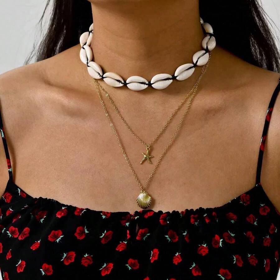 2 Piece Bohemian - Style Layered Necklace Set, 18K Gold - Plated Unisex Clavicle Chains With 3D Seashell & Starfish Charms. Tarnish - Resistant & Lightweight, Perfect For Beach Vacations, Coastal Getaways, Casual Daily Wear, Weekend Brunches & Summer Festivals.