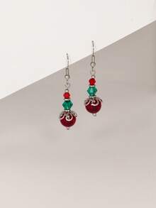 1Pair Cute Christmas Red And Green Beaded Dangle Earrings - Holiday Festive Jewelry Gift For Women