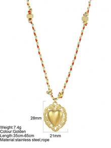 1pc Y2K Style Thanksgiving Colorful Handmade Rope Necklace With Stainless Steel Gold Heart Pendant, Suitable For Thanksgiving, Christmas Gifts And Wear - Multicolor - View 15