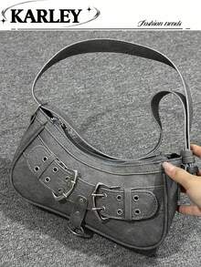 Bolsa Baguette Em Pu De Cor Sólida Com Formato De Lua Crescente, Bolsa De Ombro Versátil Para Mulheres, Estilo Retrô Y2K Casual E Feminino, Ideal Para Meninas, Senhoras, Estudantes, Jovens Profissionais, Trabalhadoras De Escritório, Uso Diário, Passeios Escolares. - Cinza - Ver 1
