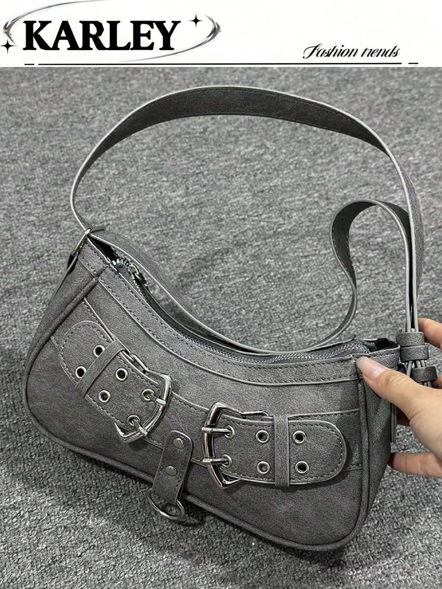 Bolsa Baguette Em Pu De Cor Sólida Com Formato De Lua Crescente, Bolsa De Ombro Versátil Para Mulheres, Estilo Retrô Y2K Casual E Feminino, Ideal Para Meninas, Senhoras, Estudantes, Jovens Profissionais, Trabalhadoras De Escritório, Uso Diário, Passeios Escolares. - Cinza - Ver 1