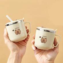 1pc 270ml Mini Double-Wall Thermal Insulated Mug, Children's Water Cup With Cute Cartoon Bear Pattern, 316 Stainless Steel Kids Straw Cup With Straw & Handle, Portable Anti Scalding Drinking Cup, Sealed Leak-Proof Tea Coffee Milk Cup Drinkware, Suitable For Student And Adult Use In Home, School, Dorm, Office, Party, Camping, Picnic, Back To School