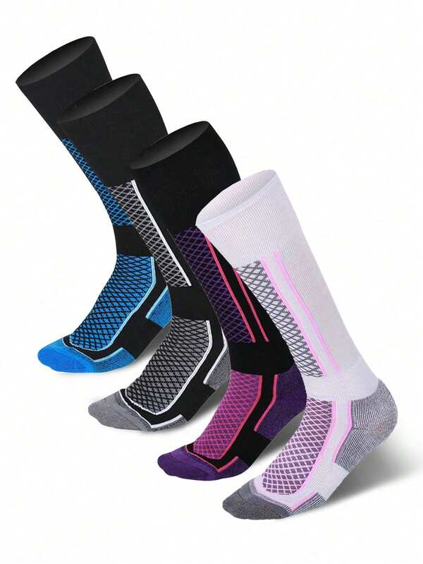 2 Pairs Winter Warm Ski Socks - Thick Breathable Striped Reinforced Support, Comfortable Snug Fit, Suitable For Skiing, Hiking, Outdoor Sports, Trekking, Daily Warmth (White/Purple/Black/Blue)