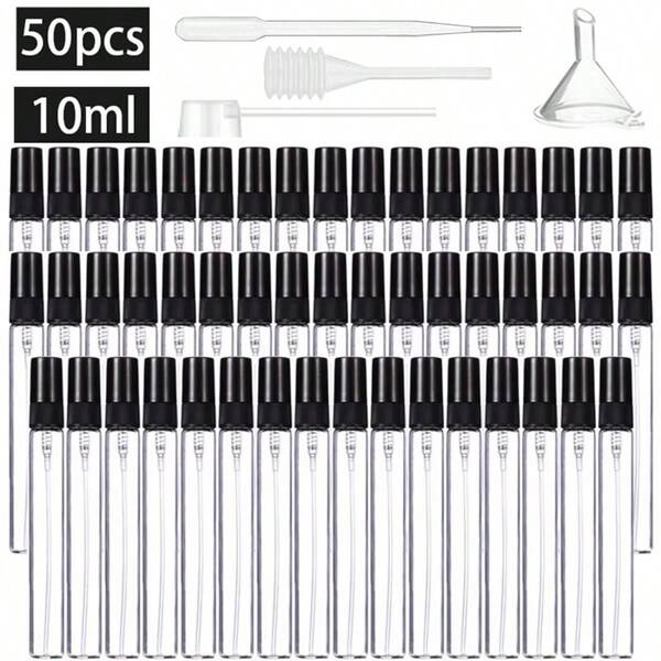 50pcs 10ml Refillable Glass Spray Bottles, Travel Perfume Empty Bottles Refillable, Portable Perfume Atomizer, Glass Spray Bottle Fine Mist Sprayer Leak-Proof, Travel Sample Bottles, Suitable For Cologne, Toiletries Sample Dispenser, Comes With 2 Droppers, 1 Funnel, 1 Dispenser