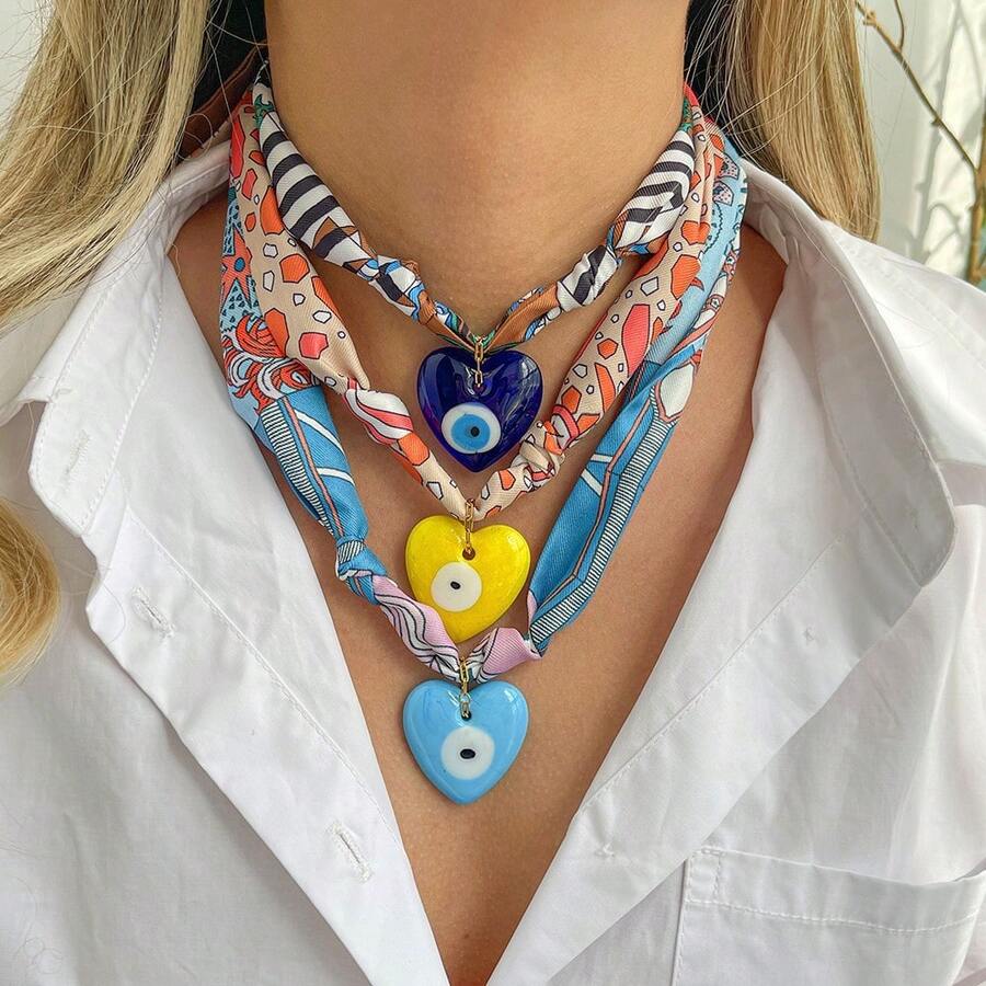 1pc Vintage Bohemian Style Scarf Necklace, Heart & Evil Eye Pendant Necklace, Colorful Silk Necklace, Suitable For Women Casual, Holiday, Beach