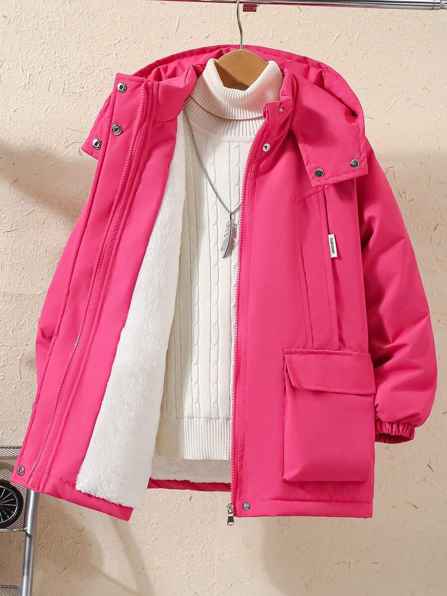 少女休闲连帽羽绒服，带口袋，时尚百搭，适合上学/日常穿着，秋冬季 - 玫紅色 - 查看 1