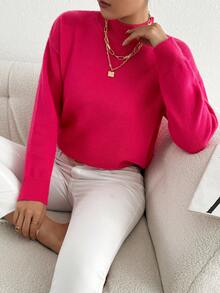 Plus Mock Neck Drop Shoulder Sweater - Hot Pink - View 6