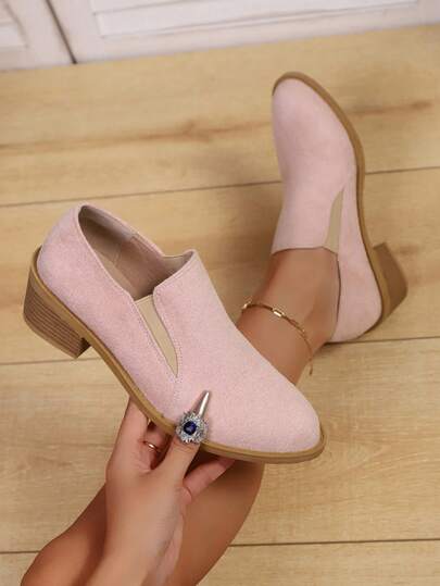 Zapatos de tacón grueso con punta puntiaguda y lazo, estilo británico retro para mujer. Zapatos de vestir versátiles, cómodos y antideslizantes para uso casual o de oficina, de unicolor con hebilla de moda.