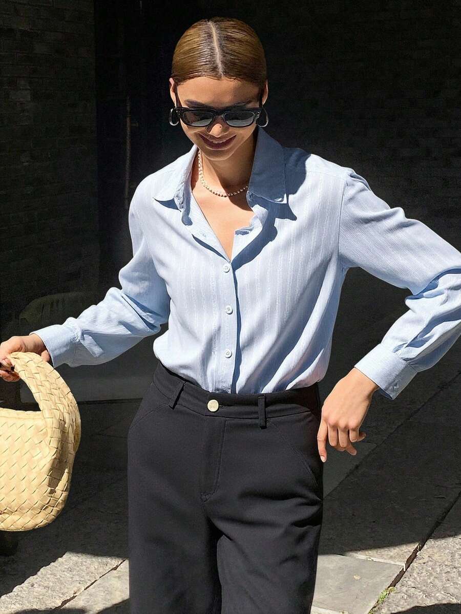 Livesso Women's Plain Loose Turndown Collar Long Sleeve Textured Shirt, Blouse,Fall Clothes - Blue - View 1