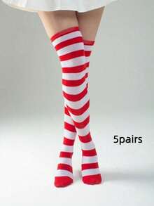 1双红白条纹加厚过膝长袜，冬季长袜，适合万圣节、圣诞节及各种节日穿着 - 紅色 - 查看 14