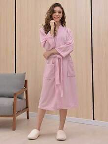 1pc Lightweight & Fashionable Home & Beach Robe, Quick Dry Soft Robe, Couples Loungewear, Simple Plaid Bathrobe, Sexy Sleepwear, Unisex Style Summer Wedding Home Bathroom Decor Back To School