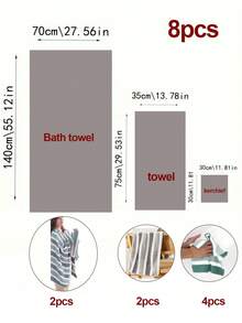 Set di 8 asciugamani rigati, in pile di corallo (fibra sintetica), 2 asciugamani da bagno, 2 asciugamani da mano, 4 salviette, forniture per il bagno, decorazioni per il bagno, accessori per il bagno, leggeri e portatili per uso domestico, viaggi e uso quotidiano, regalo universale per la famiglia, adatto per scuola e dormitorio - Multicolore - Visualizzare 11