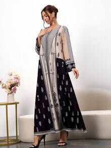 女士优雅花卉图案长袖V领复古连衣裙，适合日常穿着 - 彩色 - 查看 4