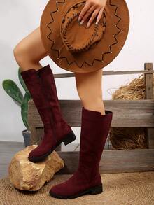 FVPFVP 2024秋冬新款百搭过膝长靴，女士粗跟弹力修身平底骑马靴，派对靴 - 酒紅色 - 查看 8