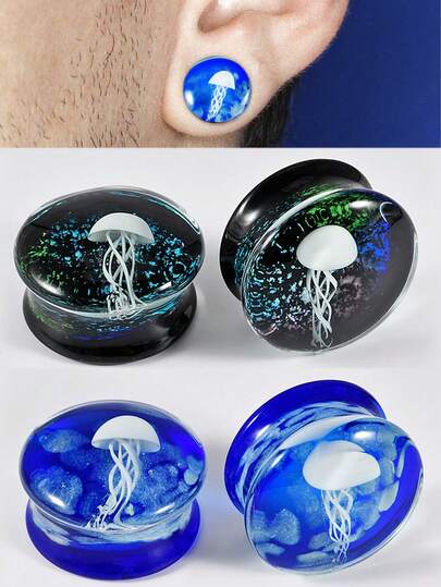 1 pieza Tapones de oído de cristal con diseño de medusa, túneles de oído de cristal con dilatadores de doble reborde, joyería de perforación corporal