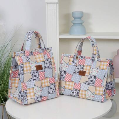 DLIU 新款加厚面料几何图案手提包，大容量便携式收纳袋，适合携带午餐上班/上学、野餐、便当盒、午餐袋、收纳手提包、返校、复古、简约方形午餐盒，适合女士旅行防水袋保温午餐袋午餐盒