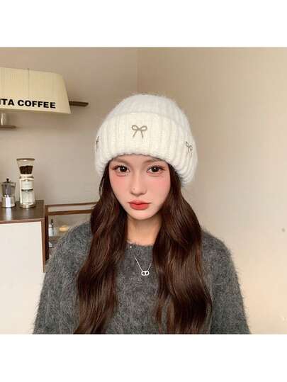 Women's Pearl Bow Knitted Beanie Hat, Versatile, Warm, Fashionable Ear Protection, Suitable For Autumn/Winter