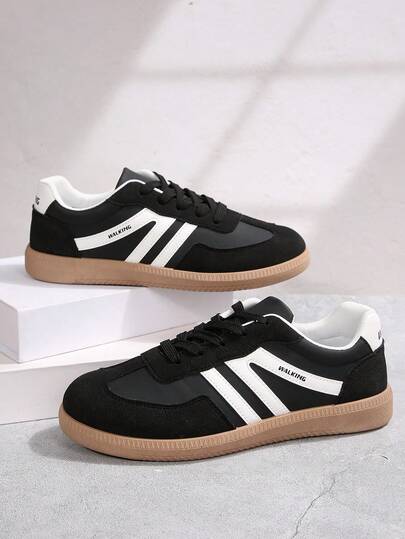 Plus Size Women's Black Sports Shoes, Student School Shoes, Fashionable Color Block Sneakers, Flat Lace-Up Casual Shoes, Comfortable Non-Slip Athletic Shoes