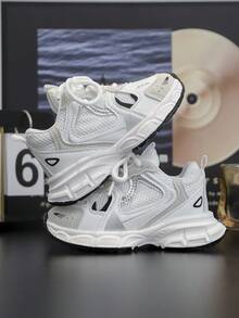 1 双儿童休闲运动厚底运动鞋，网眼透气百搭休闲运动鞋，轻便，校园风格 - 白色 - 查看 2