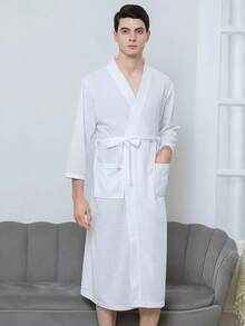 1pc Lightweight & Fashionable Home & Beach Robe, Quick Dry Soft Robe, Couples Loungewear, Simple Plaid Bathrobe, Sexy Sleepwear, Unisex Style Summer Wedding Home Bathroom Decor Back To School