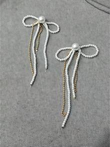 1 Pair Glass Pearl & Tassel Beaded Butterfly Earrings, Elegant Design For Women Party Wear - White - View 8