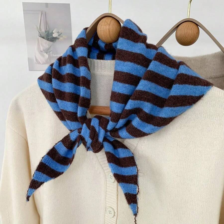 Autumn Winter Multicolor Striped Triangle Scarf Soft Warm Versatile Knitted Shawl Classic Striped Niche Triangle Scarf Women Winter Fashionable Knitted Neck Scarf Headscarf Shoulder Wrap - ZJP035-藍色 - 查看 1
