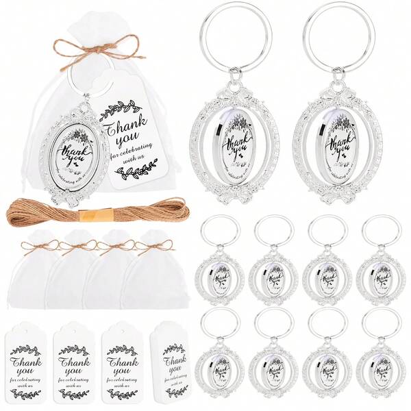 Silberner Schlüsselanhänger/Schlüsselring mit Kordelzugbeutel, Dankeskarte, Juteseil, geeignet für Hochzeit, Brautparty, Geburtstagsfeier Geschenke, Gastgeschenke, Dekorationen und Souvenirs, Hochzeitsgäste Gastgeschenke und Geschenke, Valentinstag Geschenke, Party Gastgeschenke